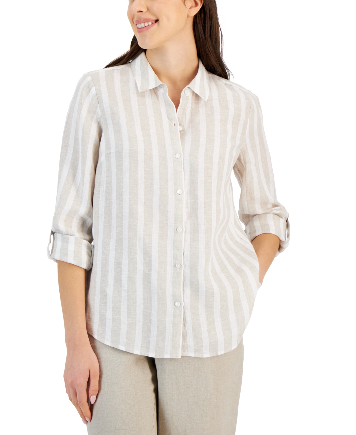 CHARTER CLUB WOMEN'S 100% LINEN STRIPED TAB-SLEEVE SHIRT, CREATED FOR MACY'S