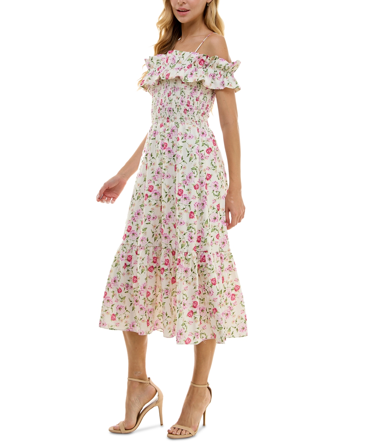 Shop City Studios Juniors' Floral-print Ruffled Off-the-shoulder Midi Dress In Ivory,pink