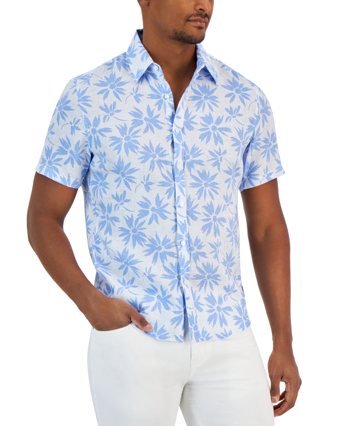 Michael Kors Men's Button-front Short Sleeve Floral Print Linen Shirt In Cornflower