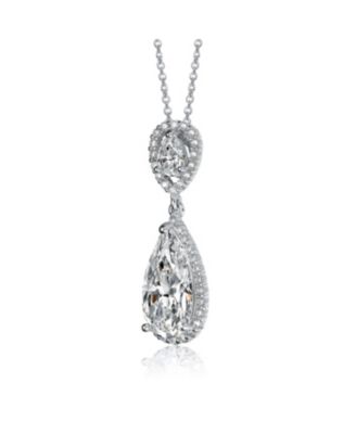 Sterling Silver with White Gold Plated Two Clear Pear Round Cubic Zirconia Halo Pendant