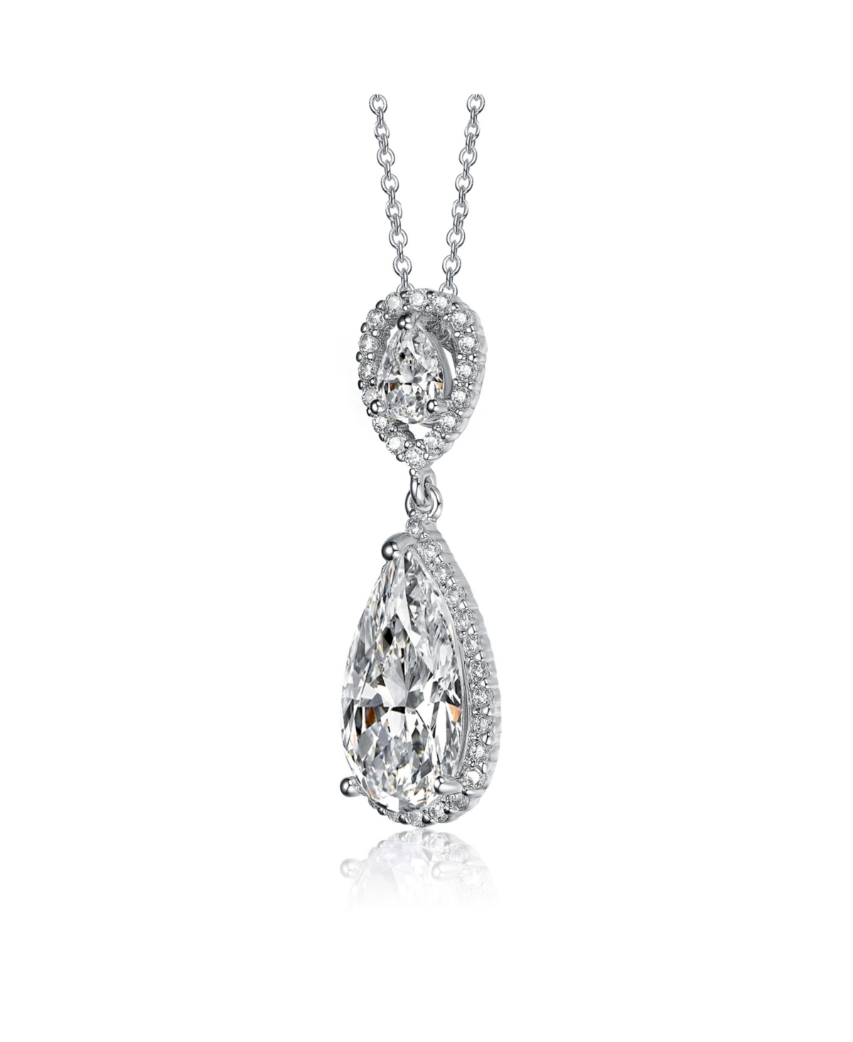 Genevive Sterlingwith White Gold Plated Two Clear Pear Round Cubic Zirconia Halo Pendant - Silver