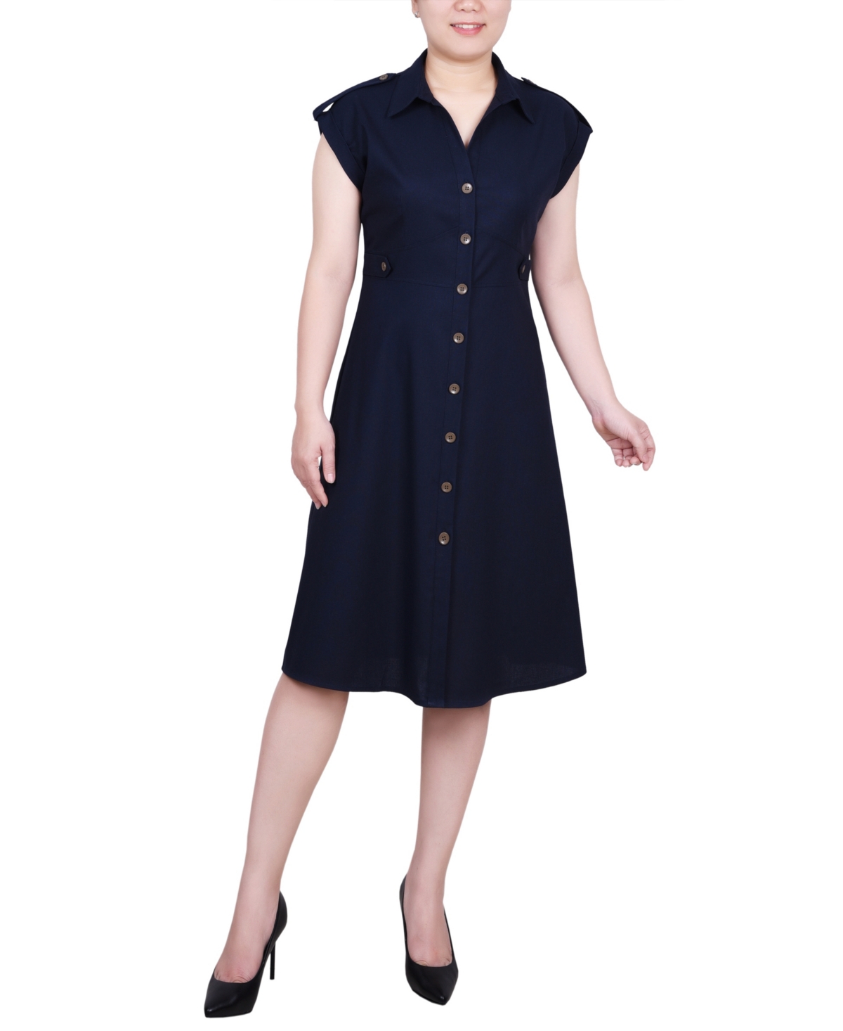 Ny Collection Petite Sleeveless Button Front Linen Dress In Navy