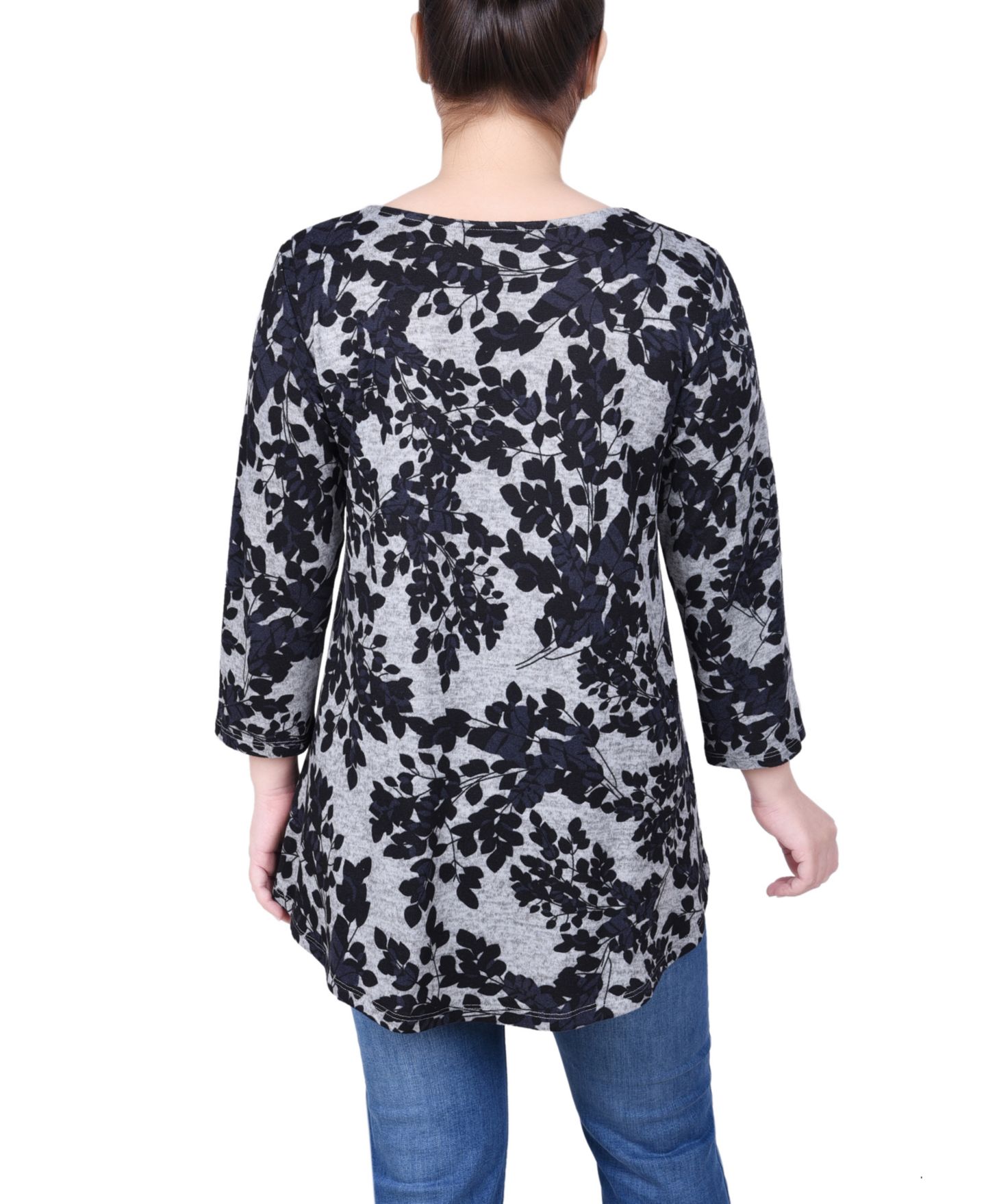 Женский топ NY Collection Petite 3/4 Sleeve 3-Ring, цвет: Чёрный серый с принтом — фото 2