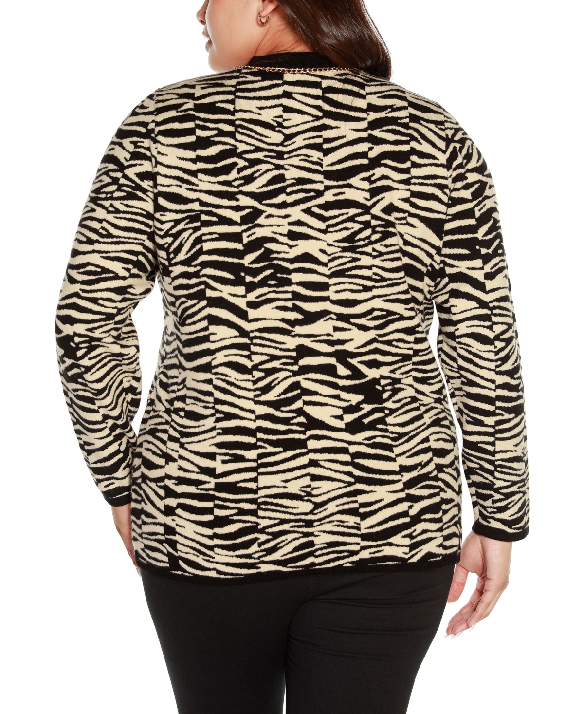 BelldiniLabel Plus Size Zebra Jacquard Sweater Jacket - Black, Cream, Gold