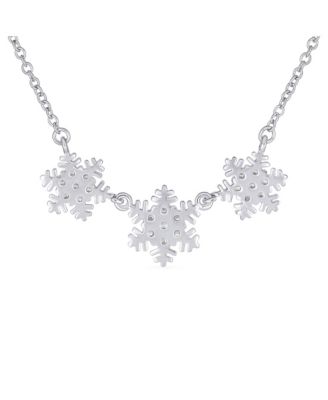 Holiday Party Cubic Zirconia Solitaire CZ Accent Christmas Frozen Winter Sparkling Dainty 3 Multi Snowflake Necklace Sterling Silver