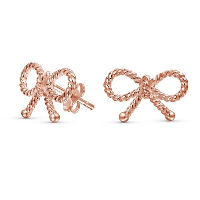 Simple Dainty Thin Twist Rope Cable Ribbon Bow Stud Earrings Rose Gold Plated .925 Sterling Silver