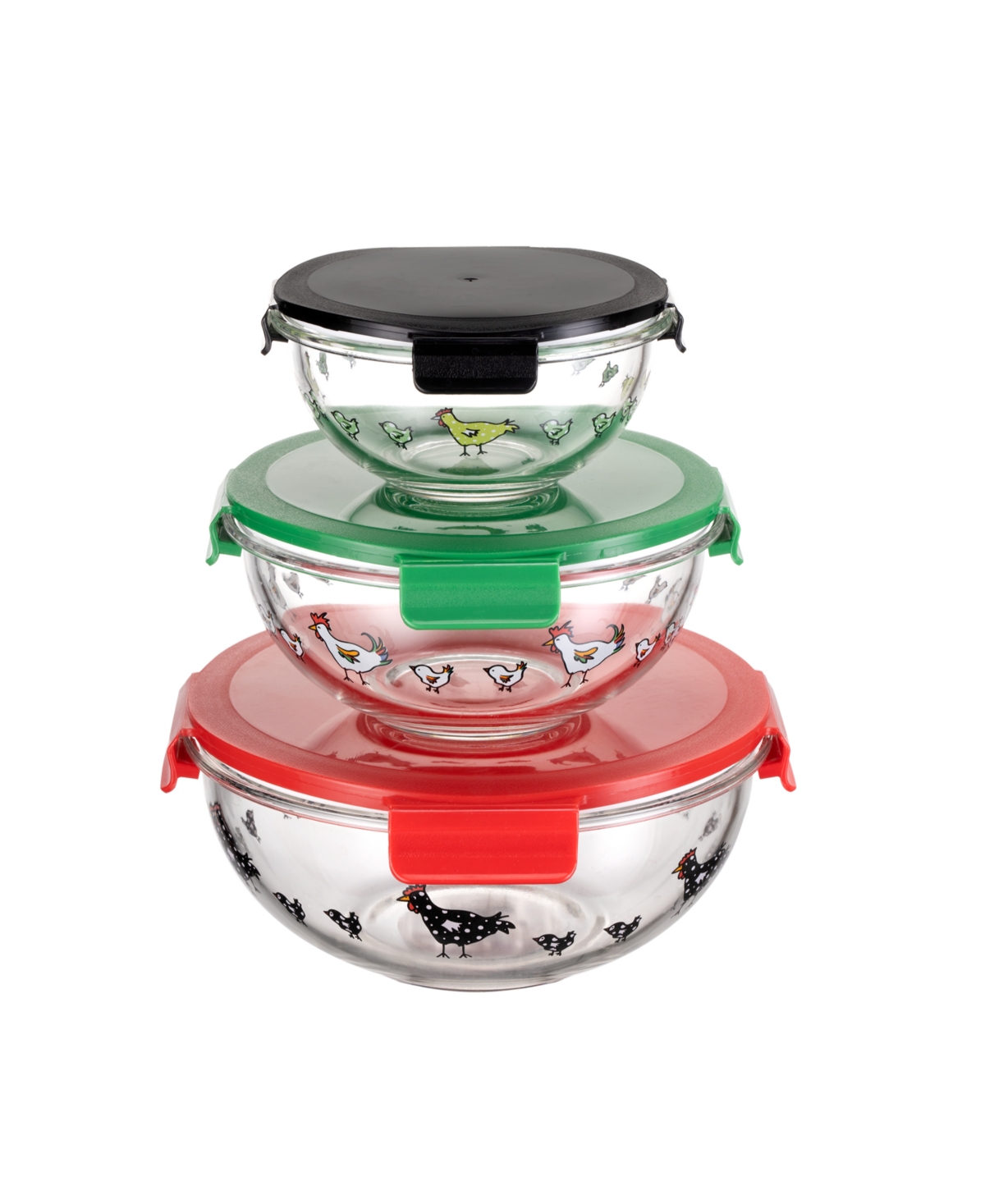 Genicook 3 Pc Round Container Borosilicate Glass Nesting Salad And Mixing Bowl Set With Snap-on Lids In Multicolor