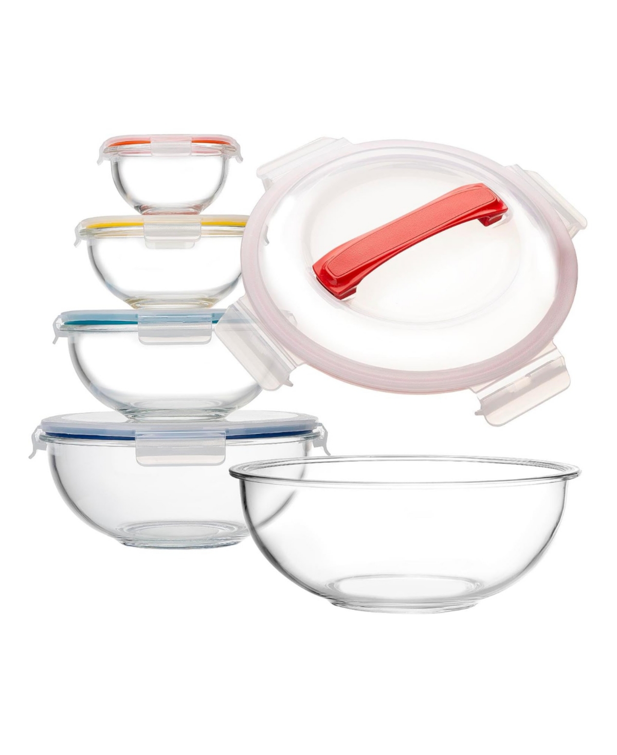 Genicook 5 Pc Container Nesting Borosilicate Glass Mixing Bowl Set With Locking Lids And Carry Handle In Multicolor