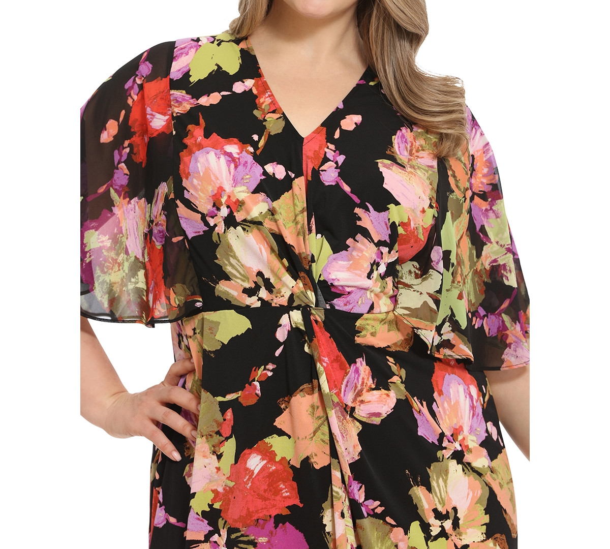 London Times Plus Size Printed Twist-Front Capelet Dress