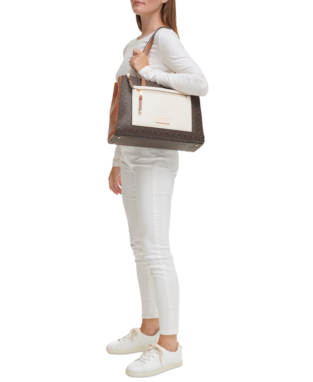 Calvin Klein Hadley Signature Colorblocked Triple Compartment Tote - Almond  Taupe/Cherub White/Dove | Smart Closet