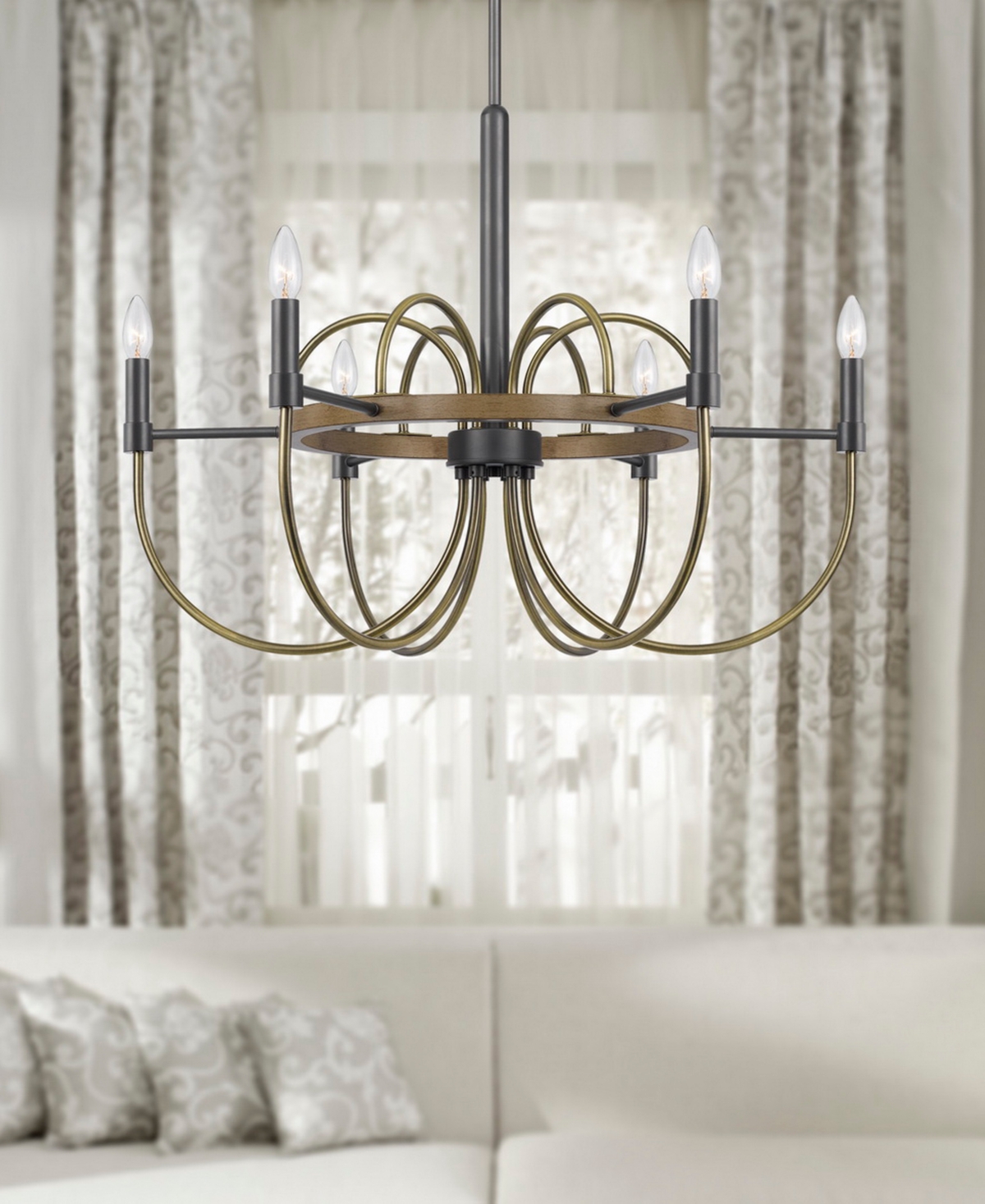 Cal Lighting Seagrove 6 Light 31" Height Metal Chandelier In Antique Brass,charcoal Gray,wood