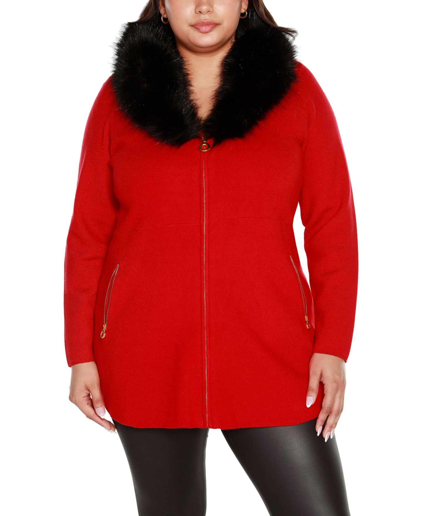 Женский кардиган Belldini Black Label Plus Size Faux Fur Collar, цвет: Красный / Чёрный — фото 1