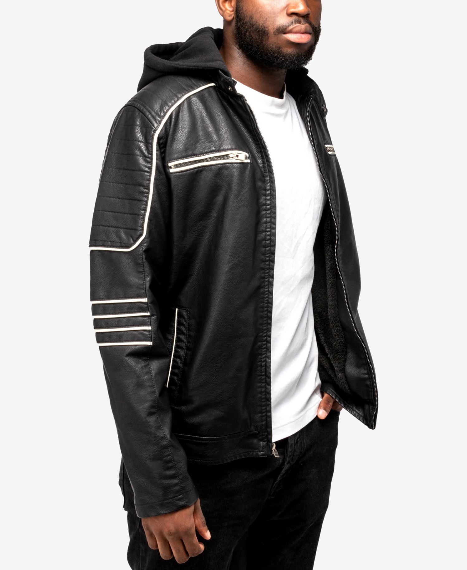 XRAY Men's Grainy PU Moto Jacket With Hood and Faux Shearling Lining