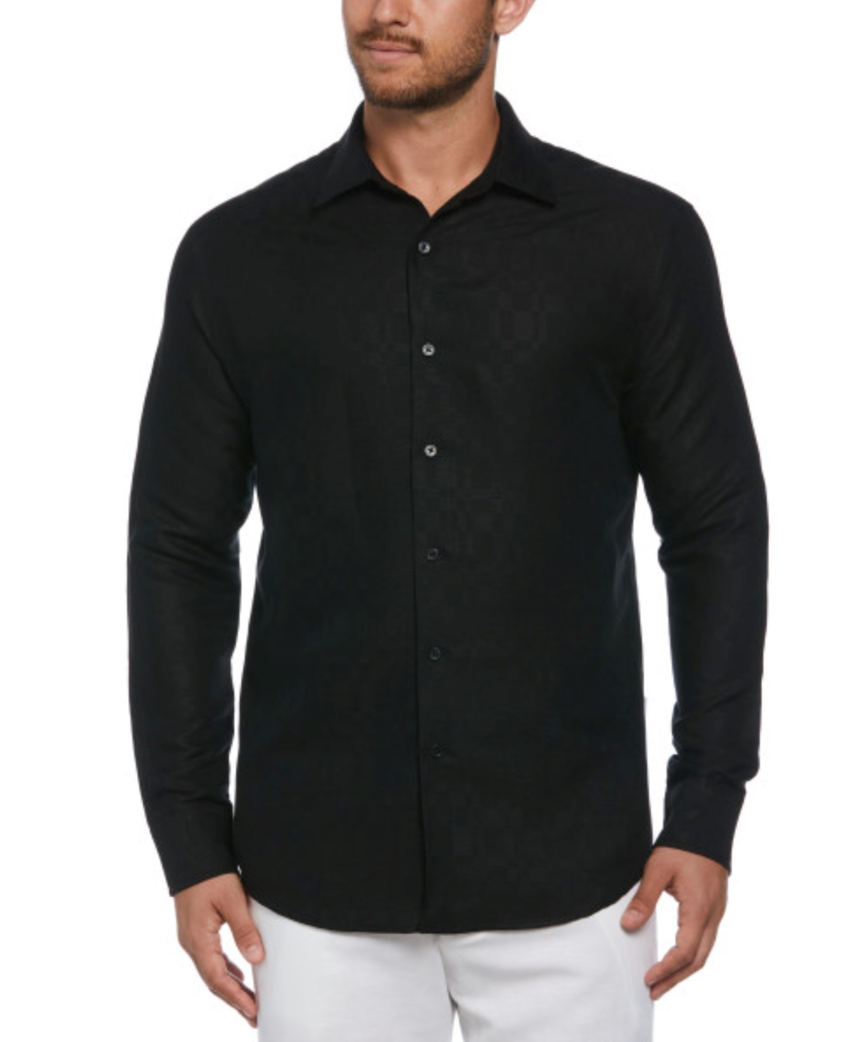 Cubavera Men's Long Sleeve Button Front Linen Blend Dobby Shirt In Jet Black