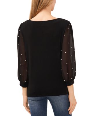 Women's Mixed Media Imitation-Pearl-Stud Top