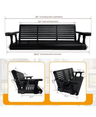 Wooden Porch Swing 3-Seater, Bench Swing with Cupholders, Hanging Chains and 7mm Springs, Heavy Duty 800 LBS, for Outdoor Patio Garden Yard