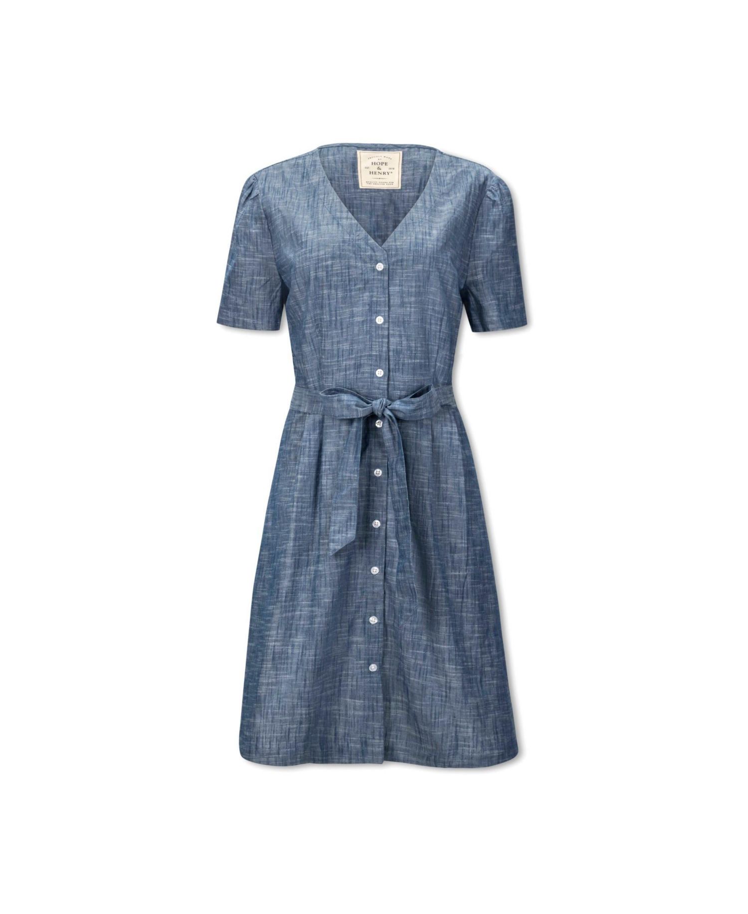 Women's Hope and Henry Short Sleeve Button Front Chambray Dress with Waist Sash