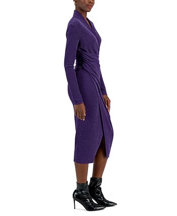 RACHEL ROY Women's  Ruffled Short Sleeve V Neck Tea-Length Faux Wrap Wear to Work Dress Black Size 22W