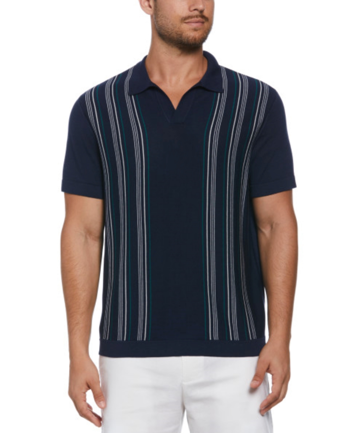 Men's Short Sleeve Striped-Panel Johnny Collar Sweater Polo - Naval Academy
