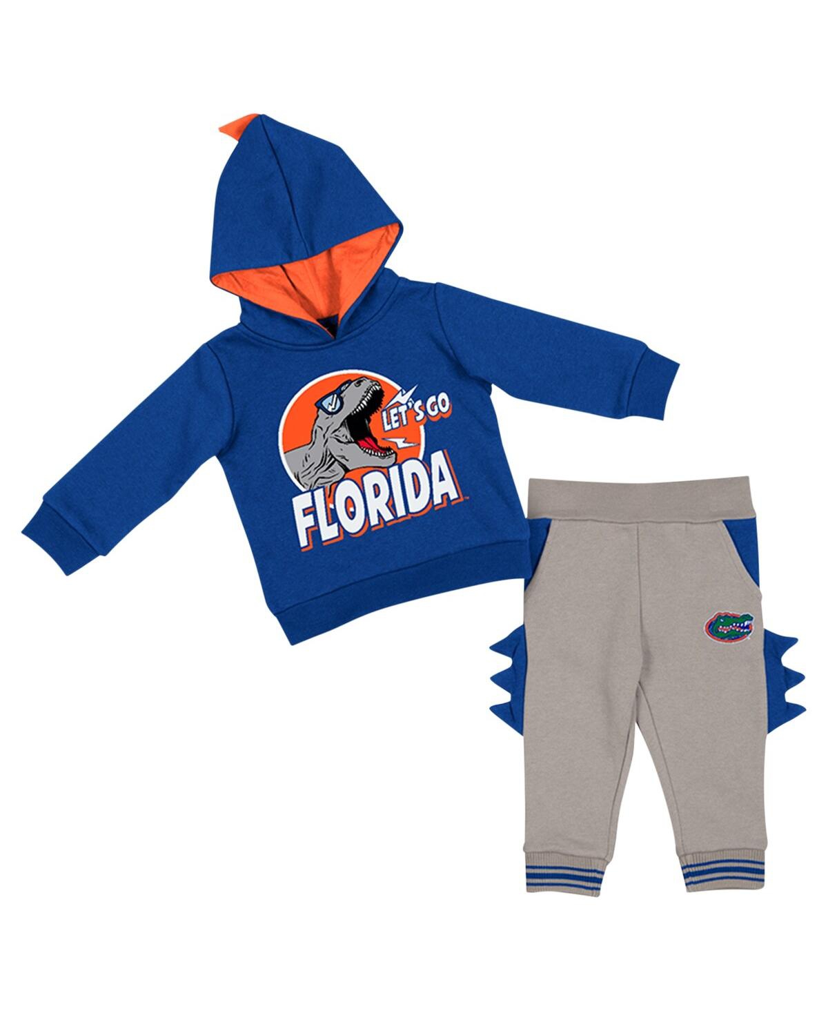 Colosseum Babies' Infant Boys And Girls  Royal, Gray Florida Gators Dino Pullover Hoodie And Pants Set In Royal,gray