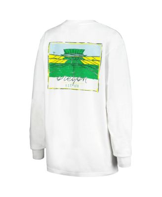 Women's White Distressed Oregon Ducks Hand-Drawn Stadium Oversized Long Sleeve T-shirt