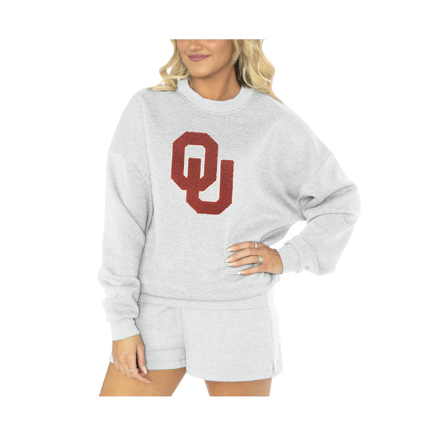 Women's Ash Oklahoma Sooners Team Effort Pullover Sweatshirt and Shorts Sleep Set