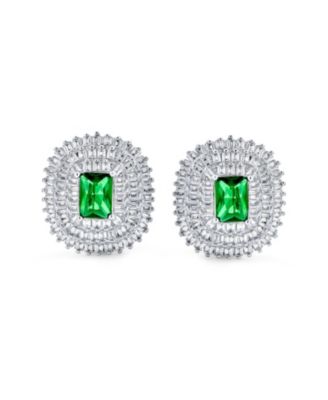 Classic Holiday Party Emerald Cut Green Cubic Zirconia Triple Row Baguette Halo CZ Stud Clip On Earrings Non Pierced Ear