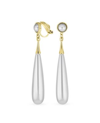 Faux White Pearl Dangling Chandelier Clip-on Earrings Gold Plated