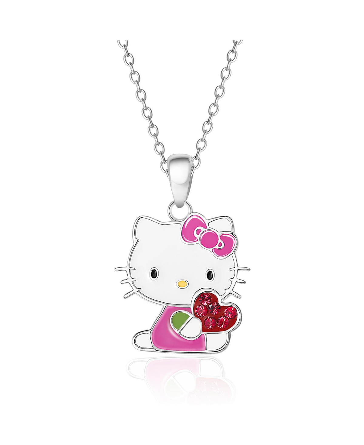 Sanrio Hello Kitty Enamel and Red Crystal Pendant - 18'' Chain, Authentic Officially Licensed - Pink, white