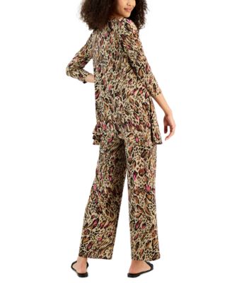 Shop Jm Collection Womens 3 4 Sleeve Printed Knit Top Wide Leg Pants Created For Macys In New Fawn Combo