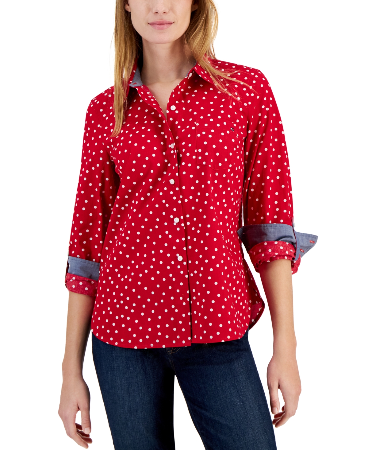 Tommy Hilfiger Women's Cotton Dot-print Tabbed Shirt In Scarlet,ivory