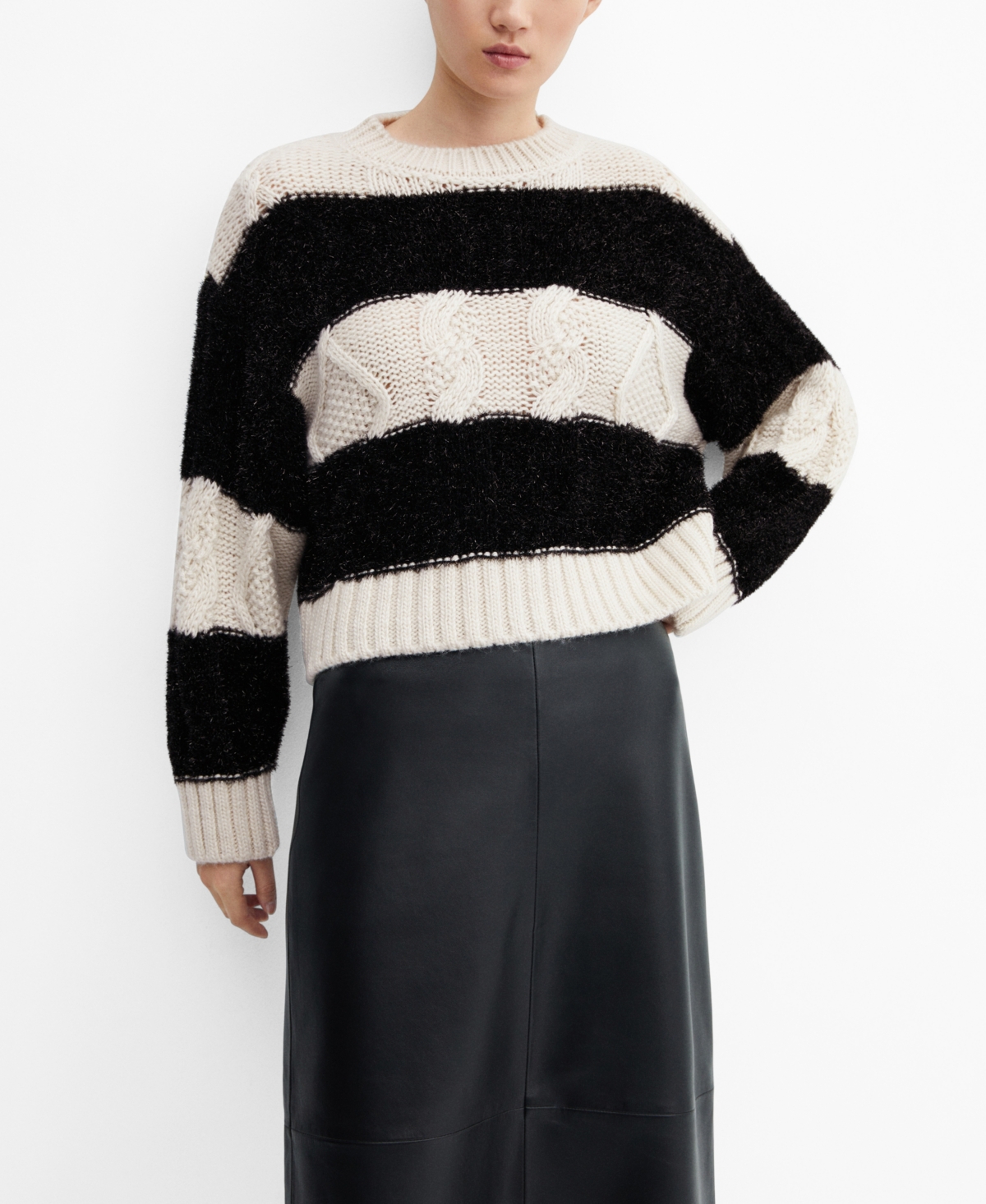 Mango Knitted Braided Stripes Sweater Off White