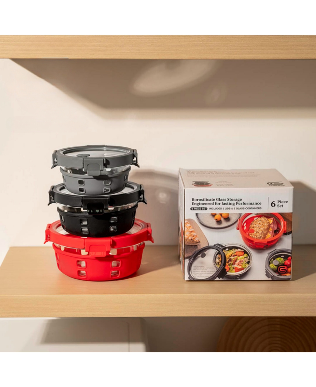 Genicook Borosilicate Glass Container Set With Glass Lids And Silicone Wrap In Multicolor