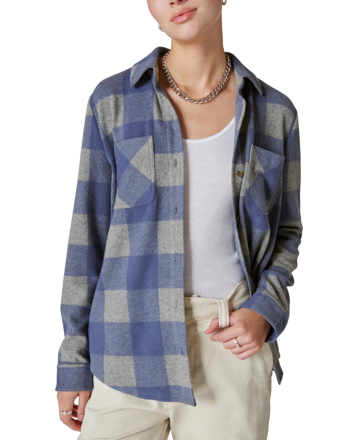 Lucky Brand Women's Cozy Plaid Button-front Shacket In Navy Grey Plaid