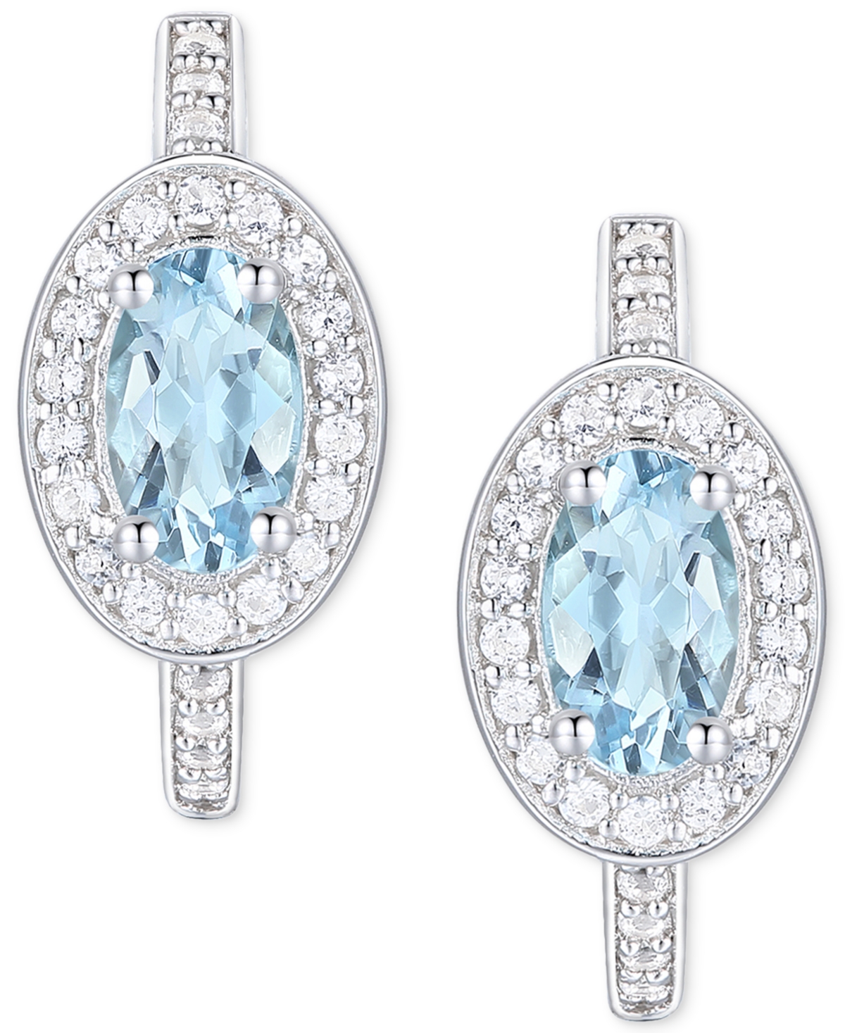 Santa Maria(3/8 ct. t.w.) & Diamond (1/6 ct. t.w.) Halo Small Hoop Earrings in 14k White Gold, - Aquamarine