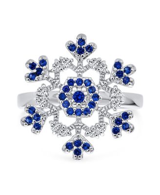Winter Holiday Christmas Statement 2 Tone Blue Clear Cubic Zirconia Flower Snowflake CZ Ring Cocktail Sterling Silver