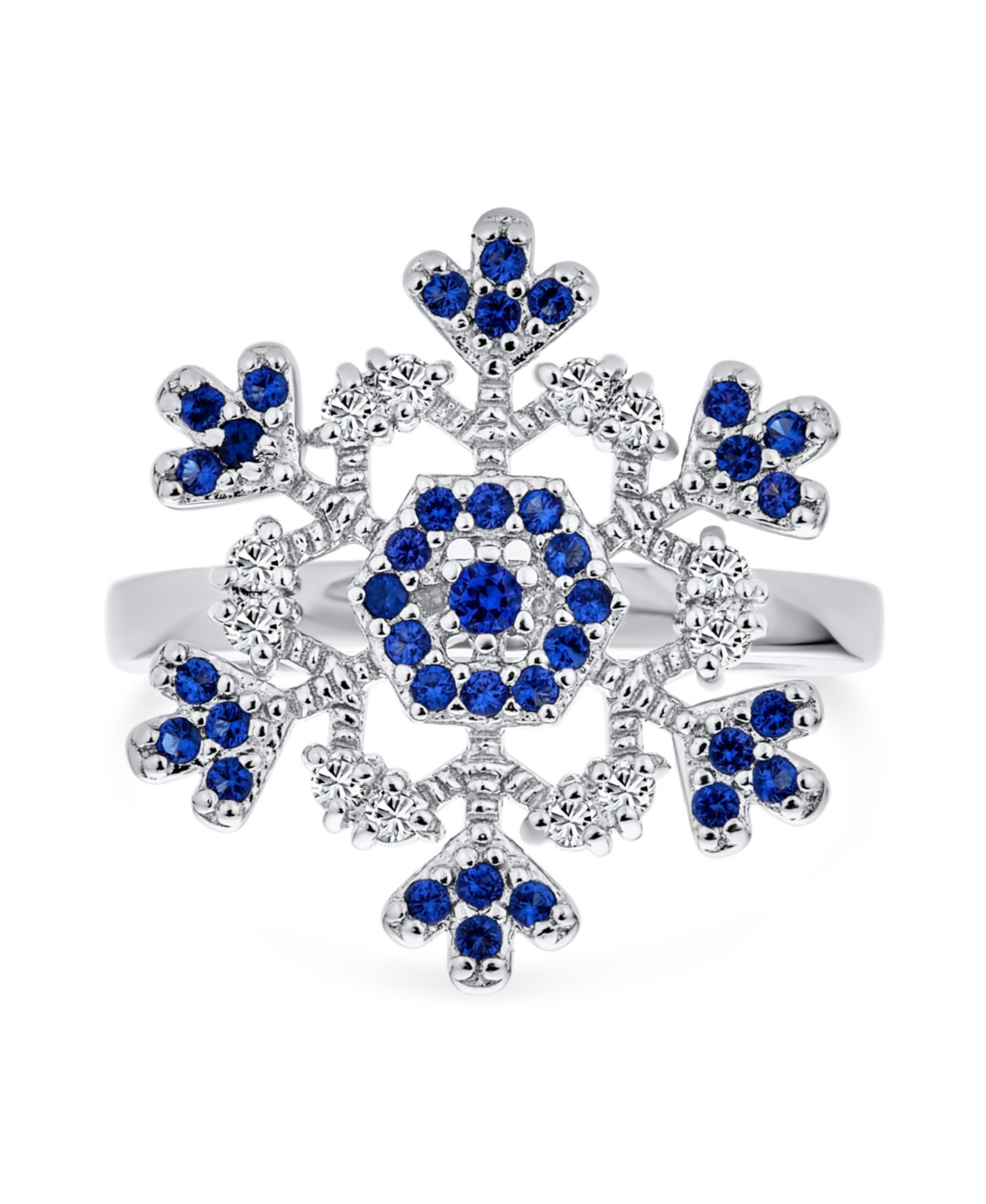 BLING JEWELRY WINTER HOLIDAY CHRISTMAS STATEMENT 2 TONE BLUE CLEAR CUBIC ZIRCONIA FLOWER SNOWFLAKE CZ RING COCKTAI