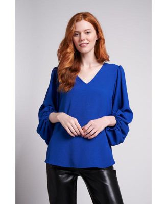 Women's Salem Oversized V-Neck Front Blouse with Balloon Sleeves and Elastic cuff