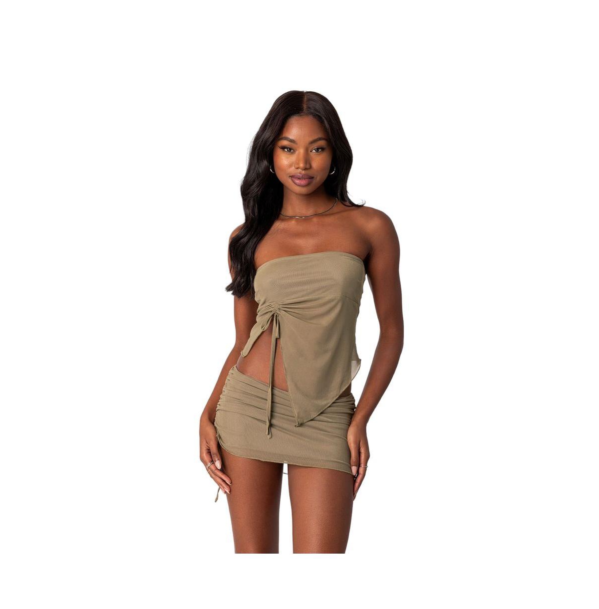 Edikted Womens Joy Asymmetric Sheer Mesh Tube Top