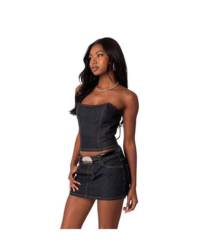 Edikted Women's Foster lace up washed denim corset top - Macy's