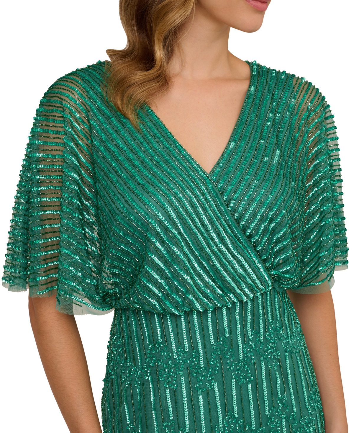 Shop Adrianna Papell Petite Hand-beaded Flutter-sleeve Gown In Jungle Green