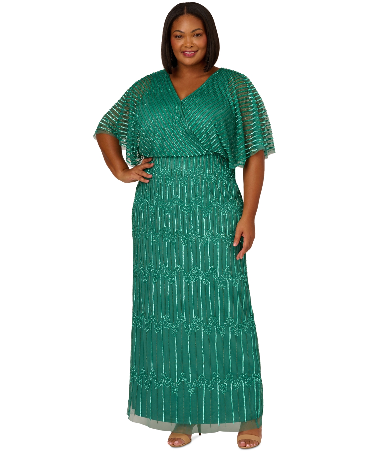 Adrianna Papell Plus Size Hand-beaded Flutter-sleeve Gown In Jungle Green