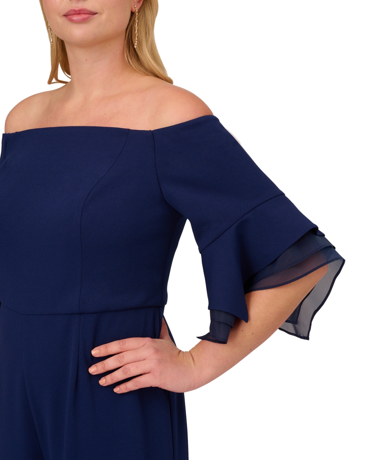 Shop Adrianna Papell Plus Size Off-the-shoulder Organza-sleeve Jumpsuit In Navy Sateen
