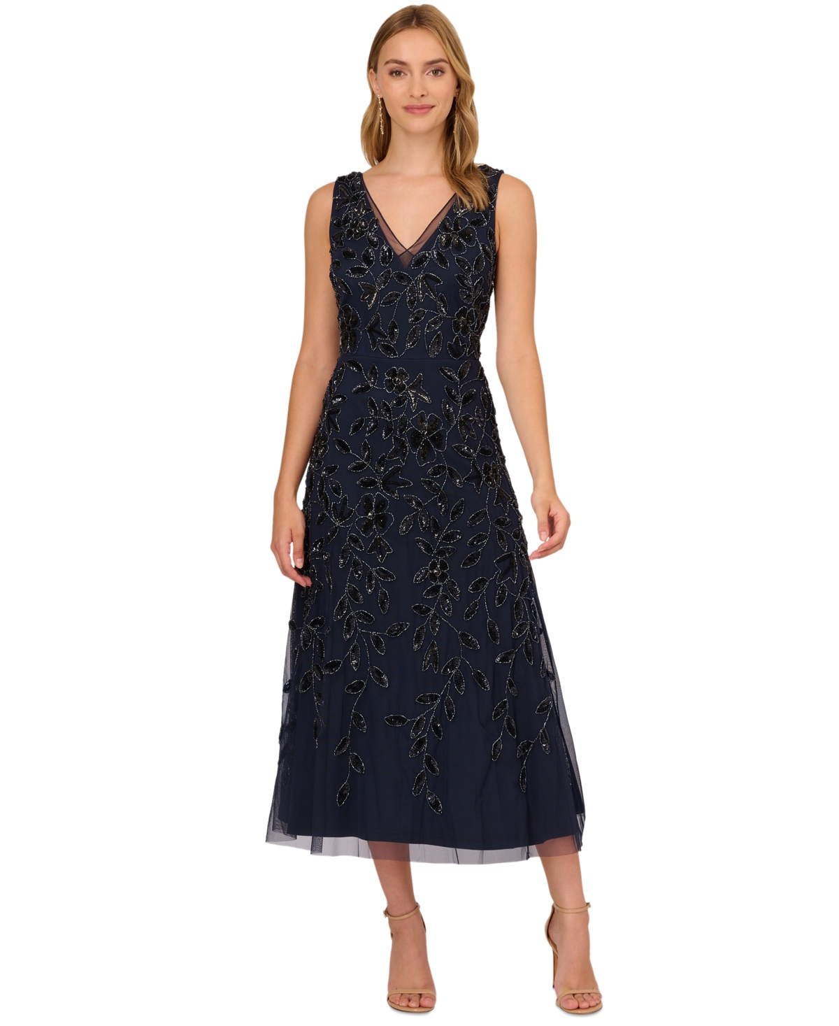 Adrianna Papell Women's Embellished V-neck Dress In Navy