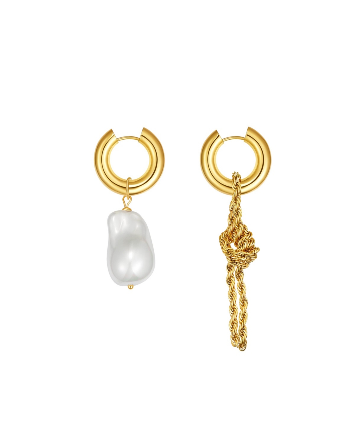 Unique Asymmetrical Rope Chain Baroque Pearl Drop Earrings - Gold