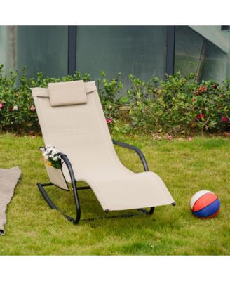 Outdoor Rocking Chair, Patio Sling Sun Lounger, Pocket, Recliner Rocker, Lounge Chair with Detachable Pillow for Deck, Garden, or Pool, Cream White