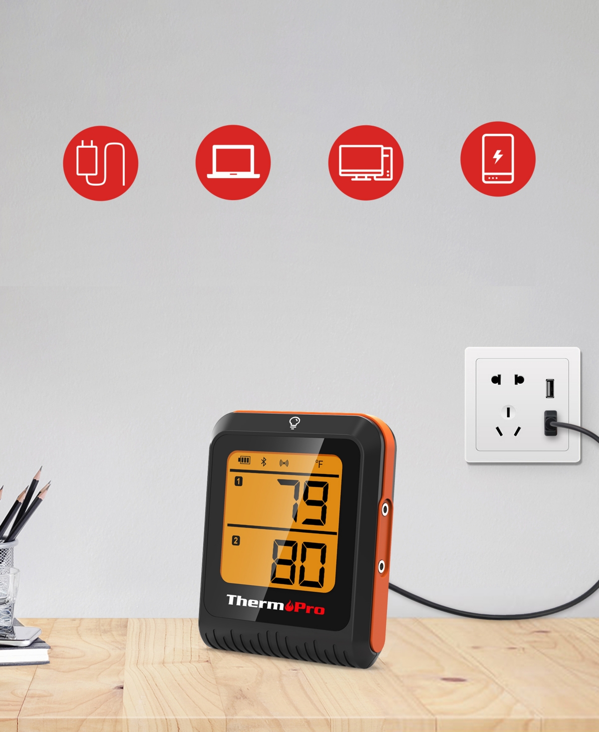Thermopro Pack Of 1 Tp920w 500' Range Smart Bluetooth Meat Food Thermometer In Black