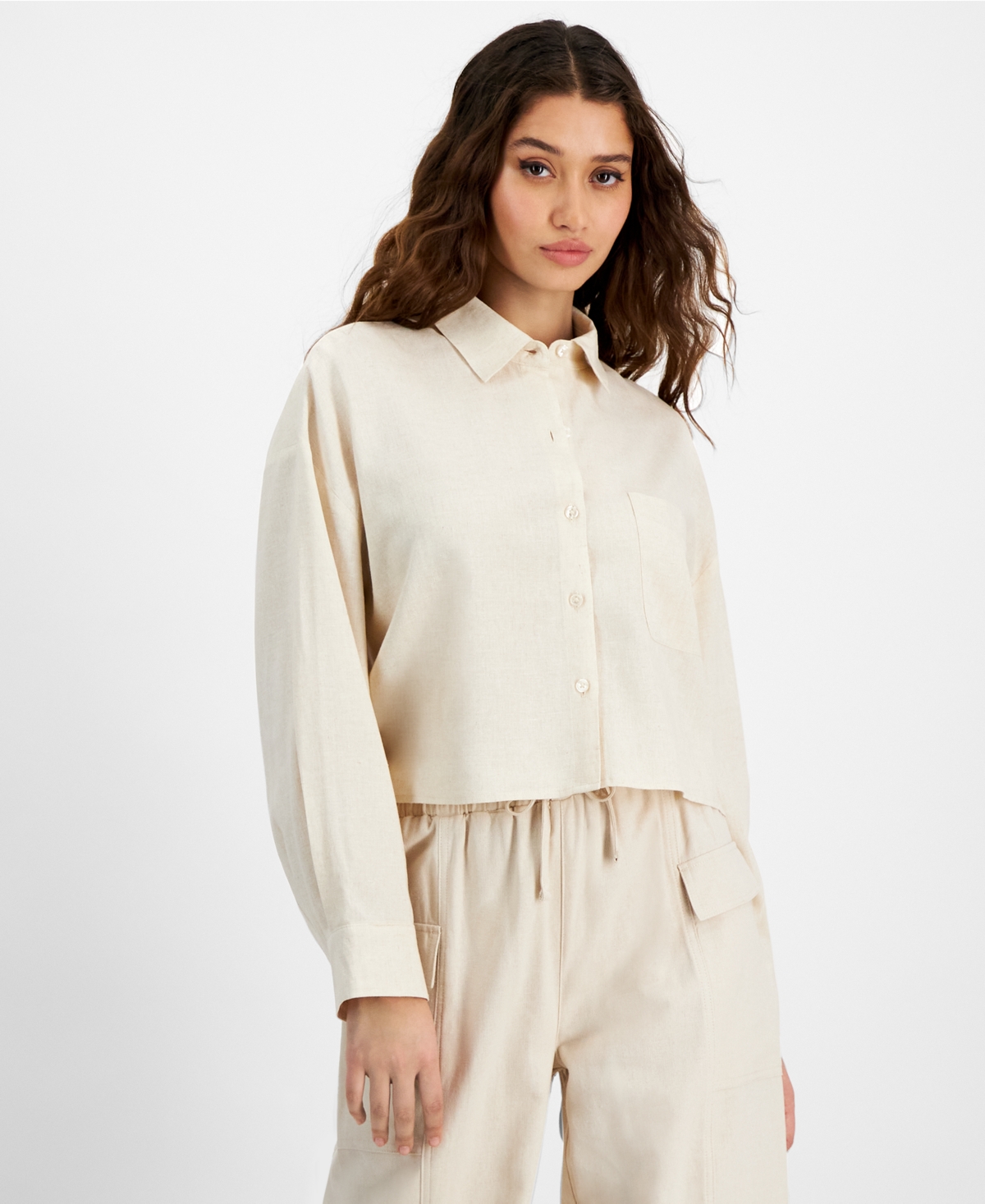 Women's Oversized Cropped Button-Front Shirt - Nat - Natural