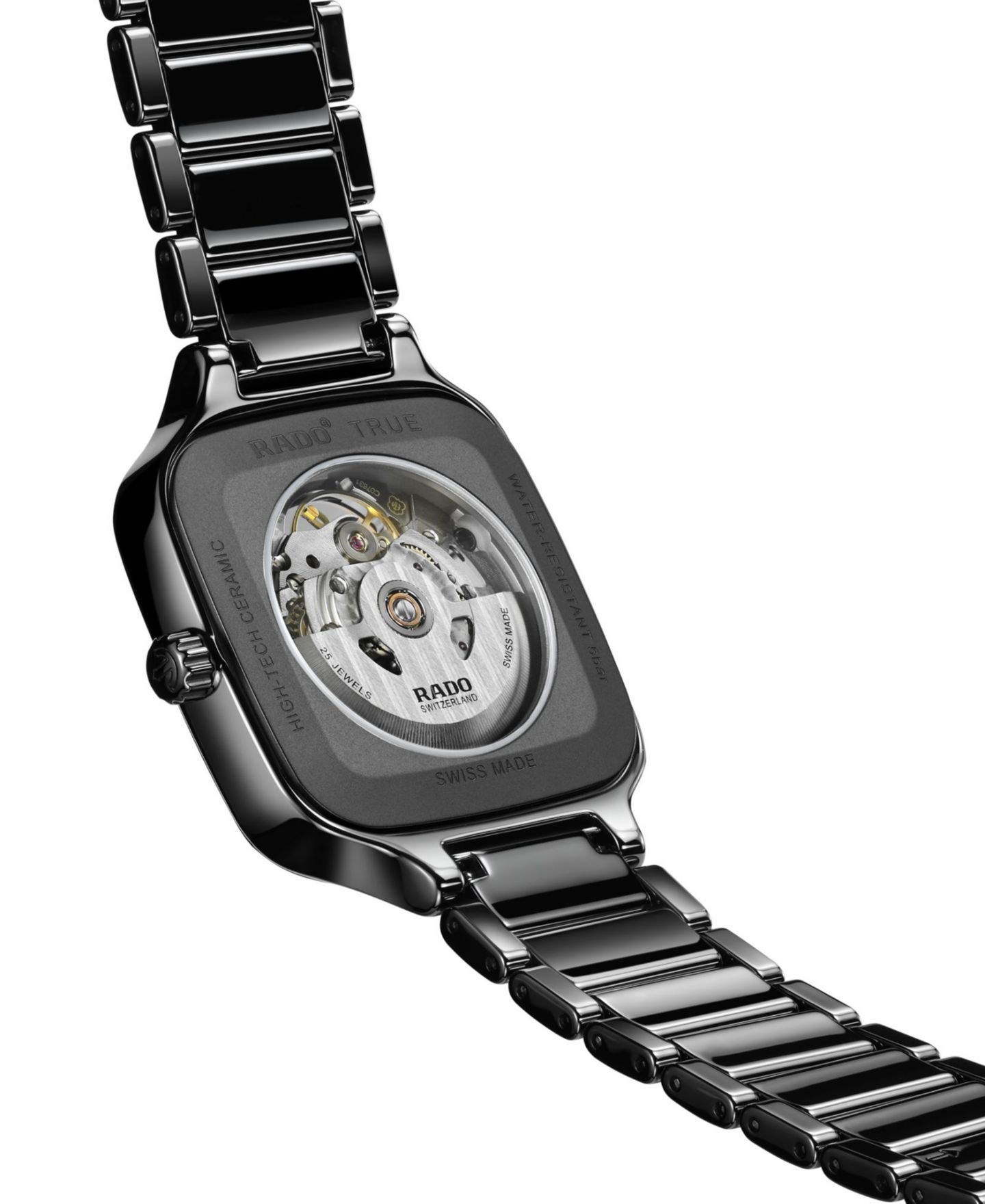Часы Rado Unisex Swiss Automatic True Square Open Heart Diamond (1/10 ct. t.w.) Black Ceramic Bracelet Watch 38mm, цвет: Skeleton — фото 4