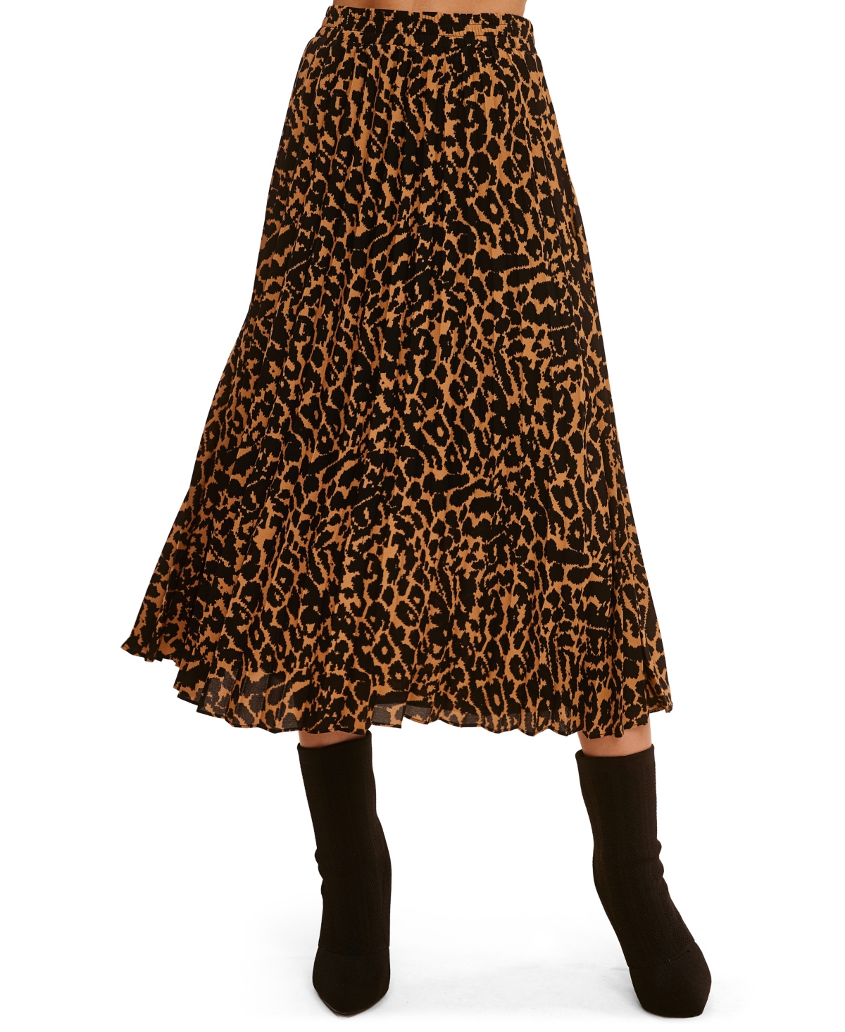 Fever Women's Printed Pleated Pull On Midi Skirt In Tobacco,black Ziggy Leopard